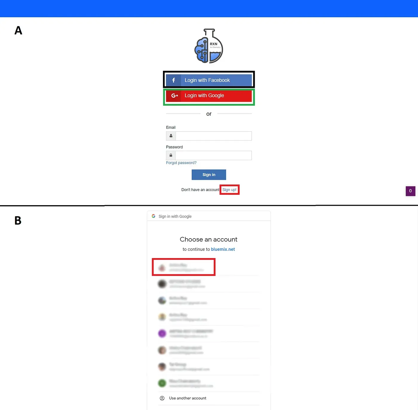 Available registration options (A) and Registering with Google (B)