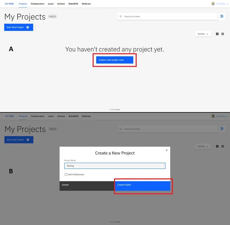 Create a new project (A) and Giving a name to it (B) 