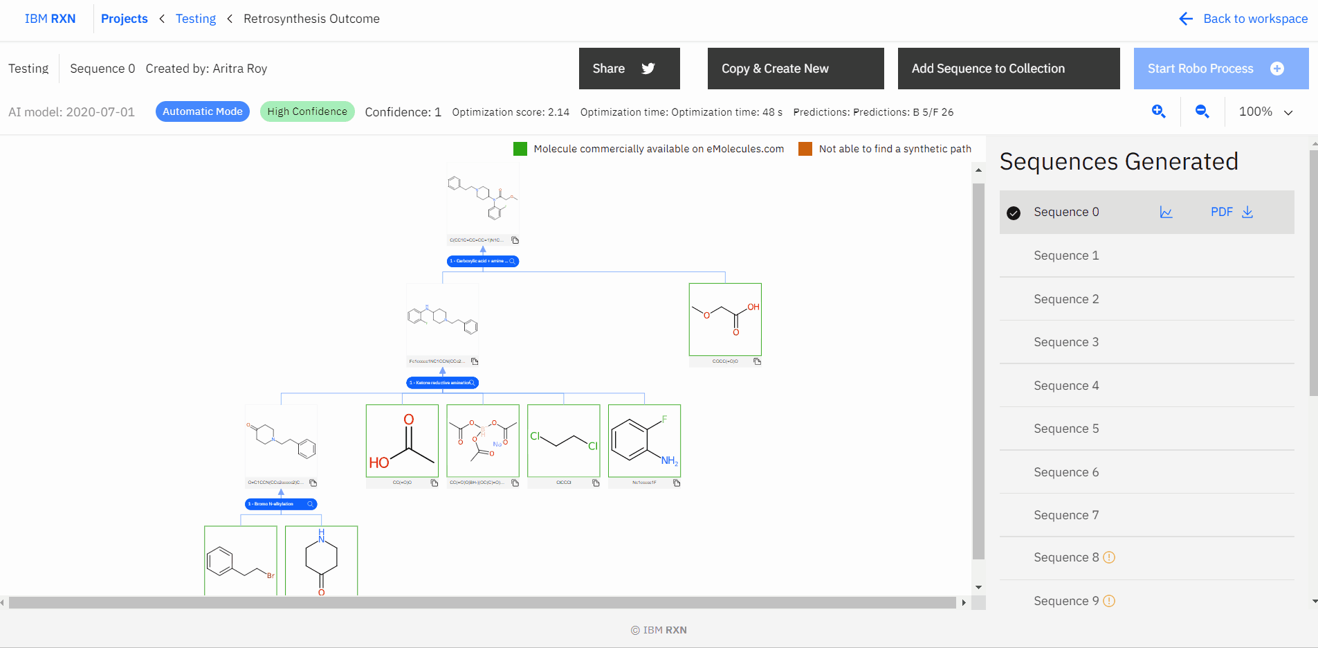 Considering all results, exporting one sequence as PDF format and adding one or more sequences to the collection