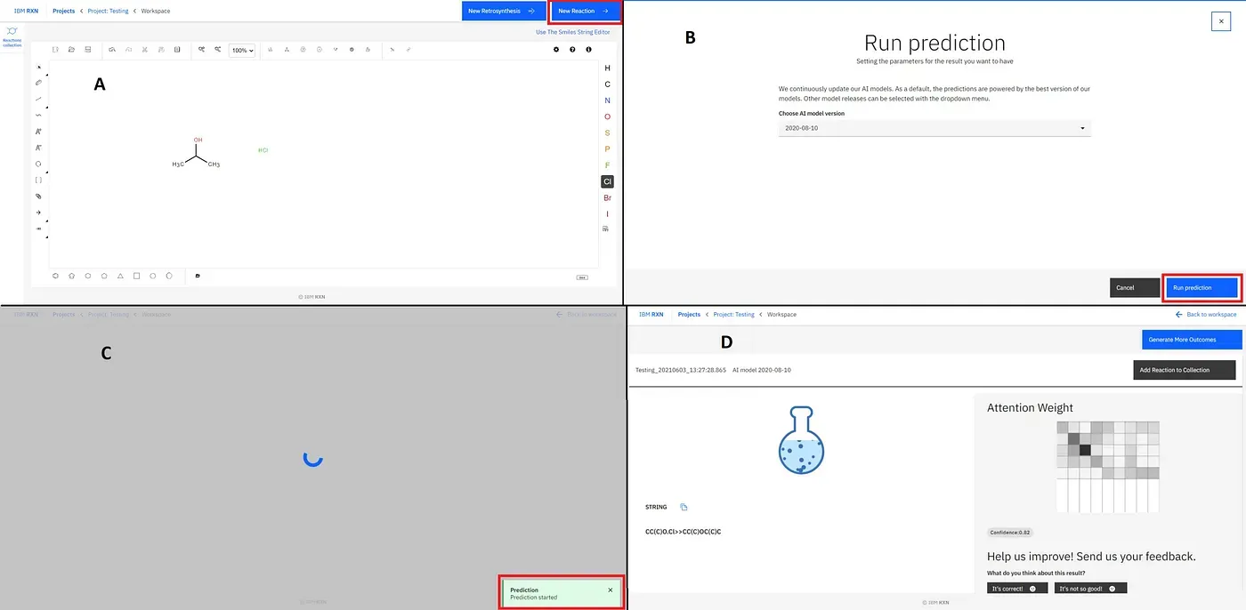 Starting new reaction (A), Running prediction (B) and Running the prediction process (C and D)