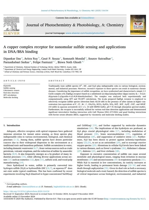 A copper complex receptor for nanomolar sulfide sensing and applications in DNA/BSA binding