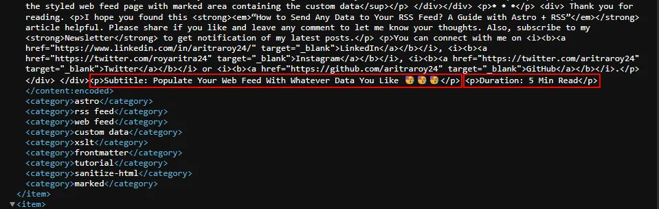 Screenshot of the content section with marked area containing custom data in an unstyled RSS feed